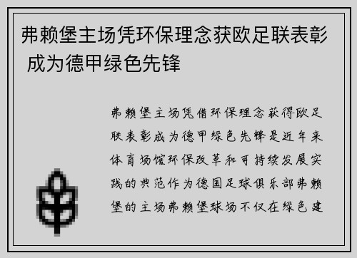 弗赖堡主场凭环保理念获欧足联表彰 成为德甲绿色先锋 弗赖堡主场凭环保理念获欧足联表彰 成为德甲绿色先锋